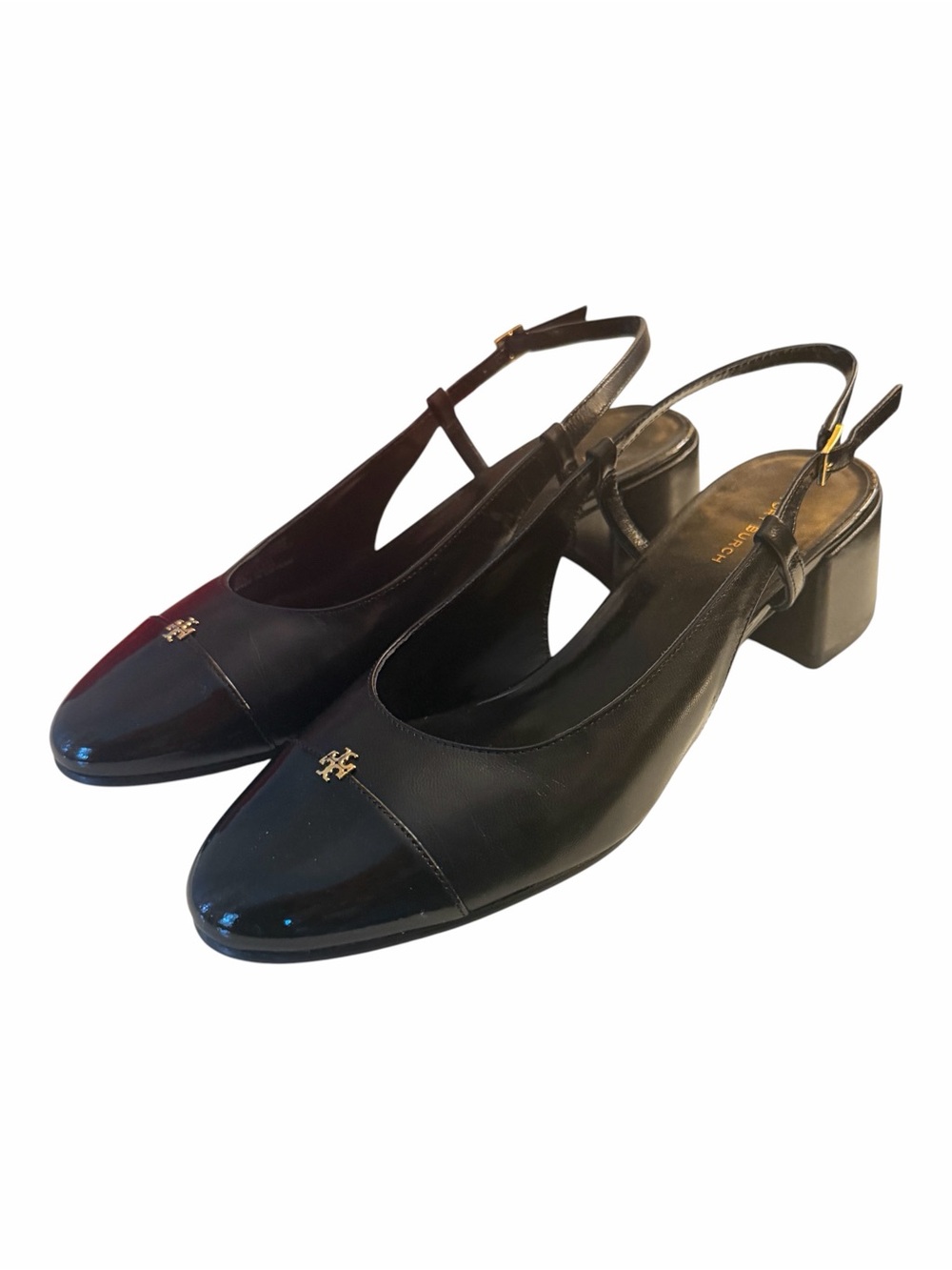 Tory Burch Cap Toe Slingback 45mm Black Leather Women’s Block HeePumps 9 NIB